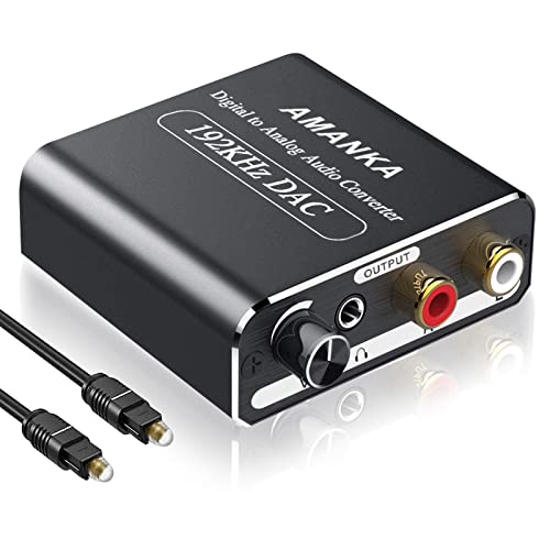 AMANKA Convertidor Digital a Analógico de Volumen Ajustable,192KHz DAC Audio Óptico Coaxial(RCA) Toslink SPDIF a Audio Estéreo R/L y Jack 3.5mm con Óptico Cable para TV Box HDTV BLU-Ray DVD etc