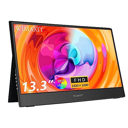 WIMAXIT Monitor portátil de 13,3 Pulgadas 1920 × 1080 Full HD IPS Pantalla con función Completa HDMI/Tipo-C para computadora portátil, PC, MacBook Pro, Xbox, PS4, teléfono Android, Interruptor