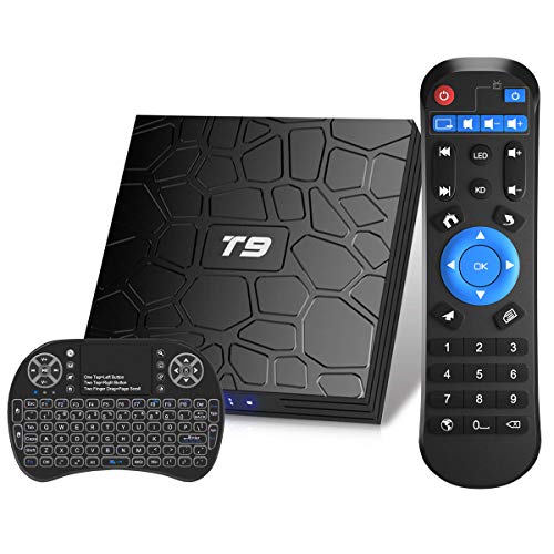 Android TV Box, T9 Android 9.0 TV Box con Mini Teclado inalámbrico 4GB RAM 32GB ROM RK3318 Bluetooth 4.0 Procesador Quad-Core Cortex-A53 2.4/5.0GHz WiFi Compatible con 4k2k Ultra H.265 Smart TV Box