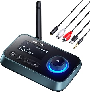 SOOMFON Transmisor Receptor Bluetooth para TV, 3 en 1 Bluetooth Adaptador | Emisor Receptor Audio Bluetooth 5.3 Doble Conexión para Auriculares Altavoces, Adaptador Bluetooth Jack 3.5mm, RCA, Óptico