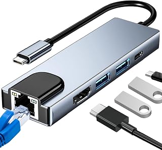 5 en 1 Hub USB C Ethernet, Adaptador USB C a RJ45, 4 Puertos USB 3.0, Hub Multipuerto con Conexión a Internet, Compatible con Portátiles y Tablets