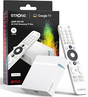 STRONG Leap-S3+V2 Streaming Smart TV Box 4K UHD, Blanco | 2 GB RAM + 16 GB Memoria, HDR10+ & Dolby Vision, WiFi 5 & BLE 5, Puerto Ethernet (RJ45), Asistente de Voz