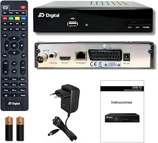 TDT HD Receptor Full HD Español TDT H265+ 10bit, FTA DM-Digital, DVB-T2, USB, HDMI, LAN, SCART, USB WiFi Support, Mando a Distancia Universal IR 2en1, Negro, Metal