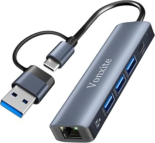 Adaptador USB Ethernet, 5 en 1 Adaptador USB-C a Ethern.et RJ45 Gigabit 1000Mbps, Hub ethernet LAN con 3 Puertos USB 3.0 y 1 Puerto Tipo C para i-Phone 15/16/iPad/Windows XP/Chromebook/Mac/Linux