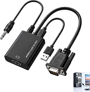 Adaptador VGA a HDMI, Convertidor VGA a HDMI 1080p con Audio 3.5mm y USB para Alimentación Macho a Hembra para PC Portátil Monitor Proyector TV Transmisión de Video y Audio Compatible