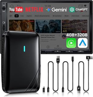 Adaptador CarPlay Inalámbrico Android Auto, AI Box CarPlay Video 3 en 1 para Cable OEM CP/AA, 4G+32G, Doble WiFi y Concentrador Bluetooth IoT, para Netflix/Youtube/TikTok, DriveChat AI Voice, CB4B
