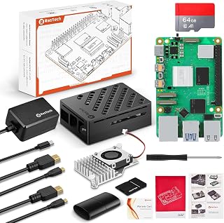 RasTech Starter Kit para Raspberry Pi 5 8GB 64GB Edición | Active Cooler,27W 5,1V5A USB-C GaN Alimentación,64GB Tarjeta,Dual 4K Micro HD Out Cable,Pi5 8GB Board,Pi5 Carcasa,Para AI